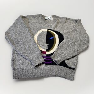 Vintage Antonello Italy Art Graphic Face Sweater Gray Wool Blend Medium